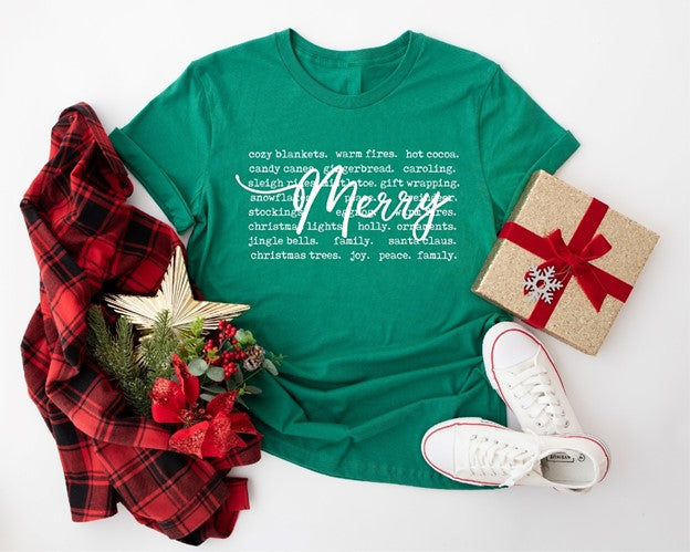 Christmas 2025 Merry Green Words Holiday Graphic Tee