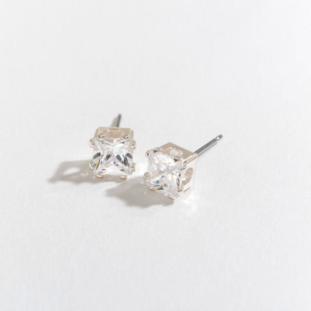 6MM Silver Large Square CZ Ear Sense Earrings