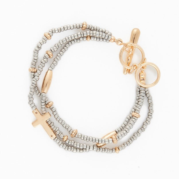 Cross Bracelet Multi Row Beaded Toggle Hammered Texture