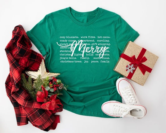 Christmas 2025 Merry Green Words Holiday Graphic Tee