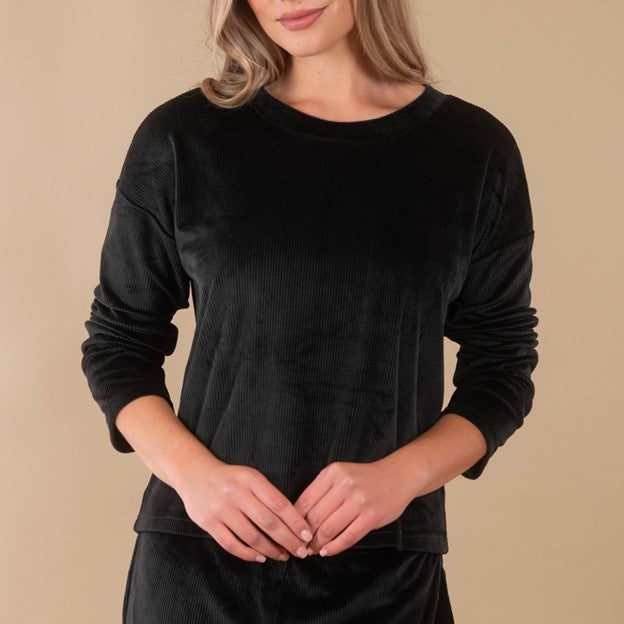 Black Luxe Lounge Pajama Top | Long-Sleeve Velour Pjs