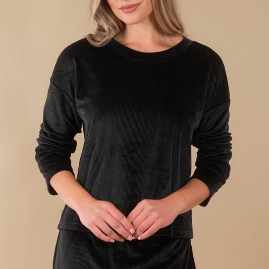 Black Luxe Lounge Pajama Top | Long-Sleeve Velour Pjs