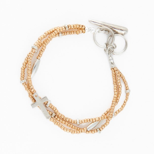 Cross Bracelet Multi Row Beaded Toggle Hammered Texture