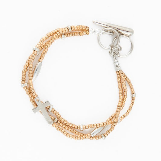 Cross Bracelet Multi Row Beaded Toggle Hammered Texture