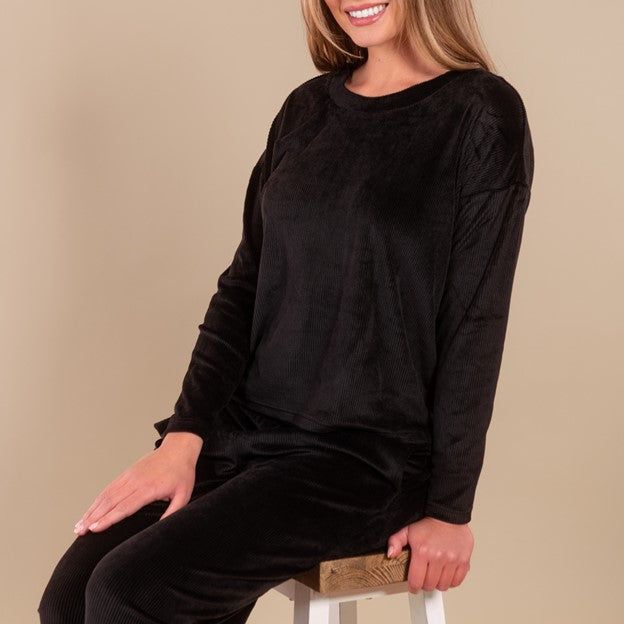 Black Luxe Lounge Pajama Top | Long-Sleeve Velour Pjs