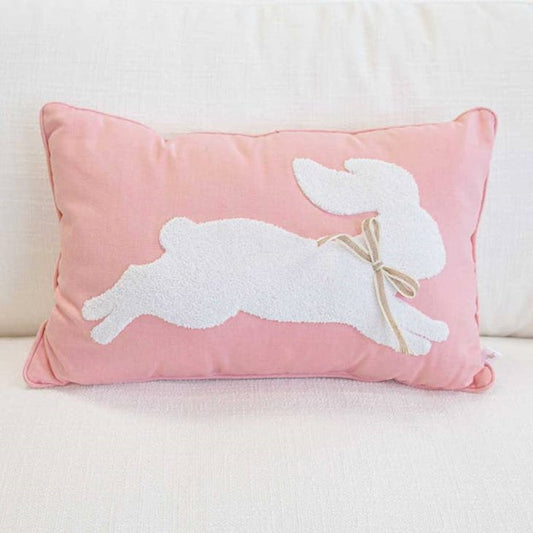 Leaping Bunny Embroidered Lumbar Pillow Light Pink White