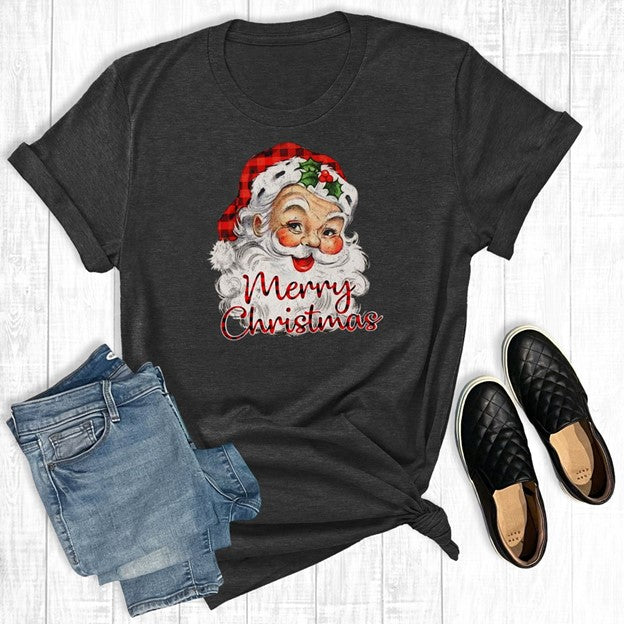 Plaid Merry Christmas Santa Graphic Tee