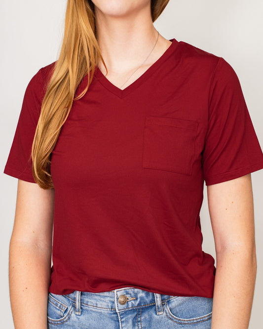 Highlands V-Neck Pocket Tee in Dark Red