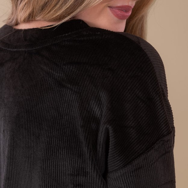 Black Luxe Lounge Pajama Top | Long-Sleeve Velour Pjs