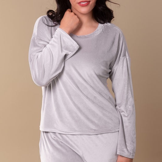 Soft Grey Luxe Lounge Pajama Top | Long-Sleeve Velour Pjs