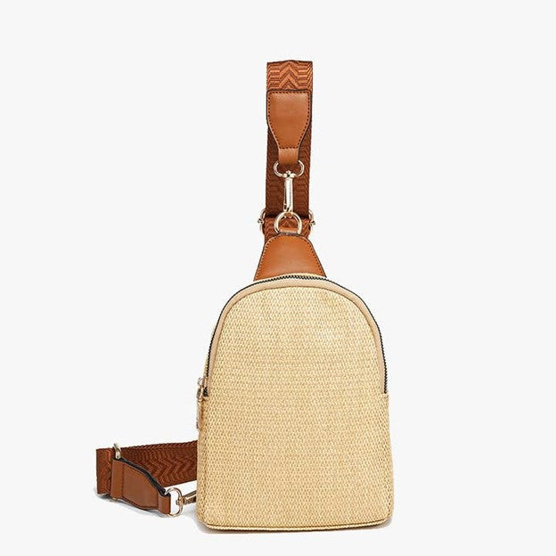 Ellen Natural Brown Micro Straw Sling Bag w/ Removable Guitar Strap