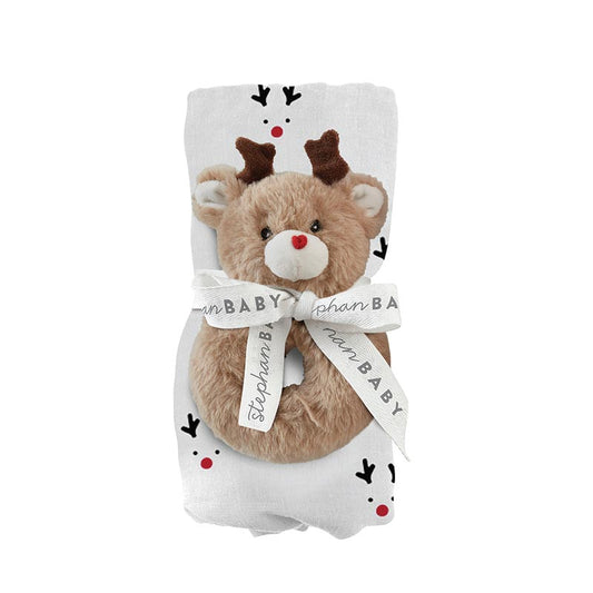 Swaddle Blanket with Reindeer Rattle