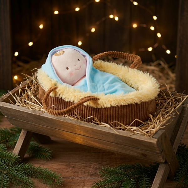 Plush Baby Jesus in a Manger