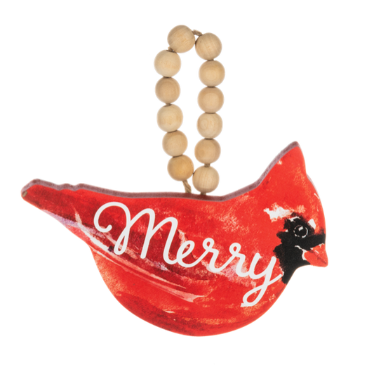 Cardinal & Christmas Text Ornament with Wood Beaded Hanger